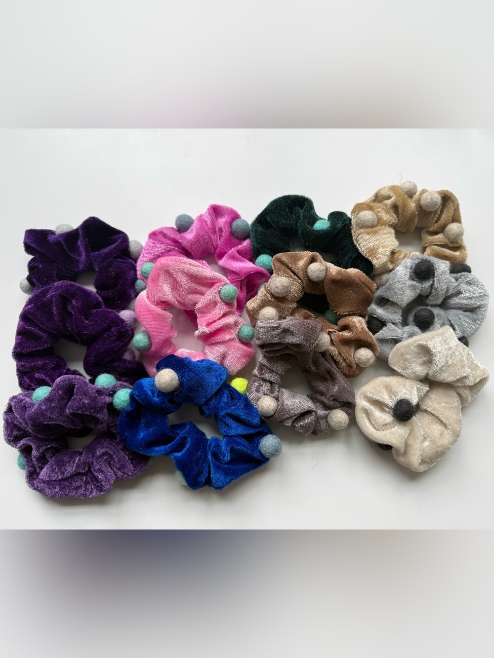 Lot of 12 handmade velvet Pom Pom scrunchies